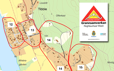Karta över grannsamverkansgrupper i Tibble och Lycka